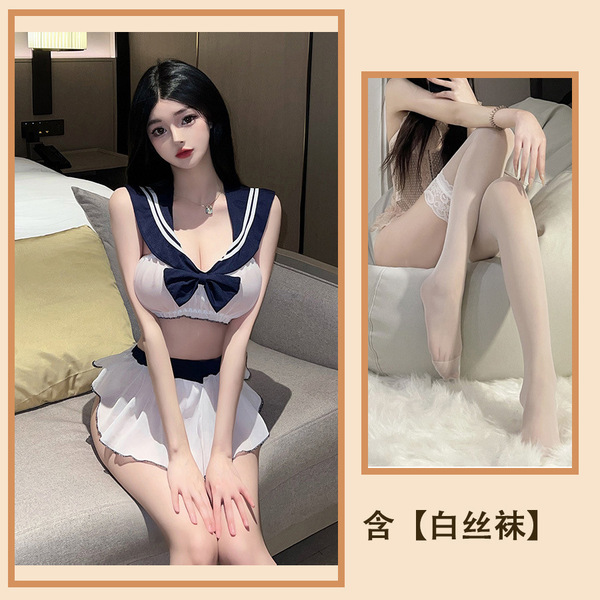Sexy Student Uniform Lingerie Set with Bow Detail – Bedroom Passion Outfit for Women, Cosplay & Nightclub Wear - Suit + white stockings