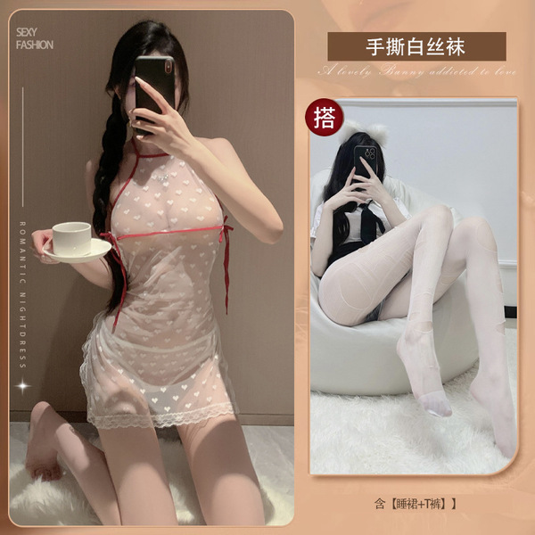 Sexy Sleepwear Set - Lace Heart Belly Top & Sheer Backless Nightgown for Role Play & Intimate Nights - White + tear-off crotch white