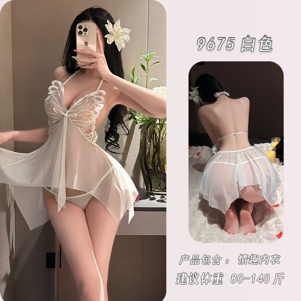 Night-Silk Sensual Lace Sleep Dress with Butterfly Bow – Pure Temptation Satin Slip Nightgown - White mesh skirt + T-shirt