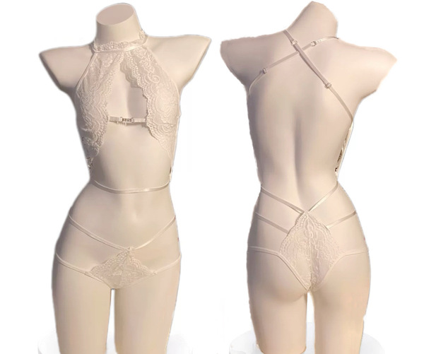 Sexy Nightclub Halter Backless Lace Bodysuit - Seductive Sheer Lingerie Set for Women - White (socks not included)