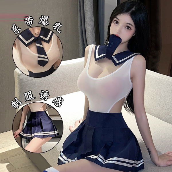 Sexy Student Uniform Lingerie Set - Hot JK Style Bodysuit & Mini Skirt for Women - White and white open-crotch socks