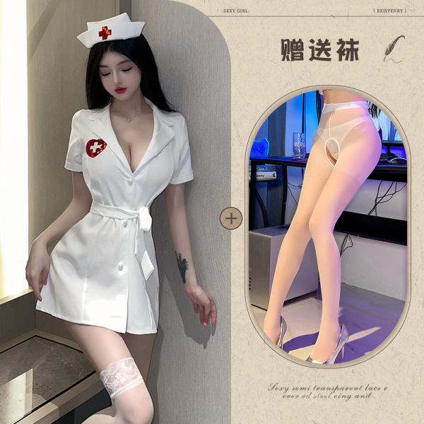 YueDie Sexy Nurse Costume Set - Deep V Lingerie Outfit for Role Play & Adult Fun - White suit + white open-crotch socks