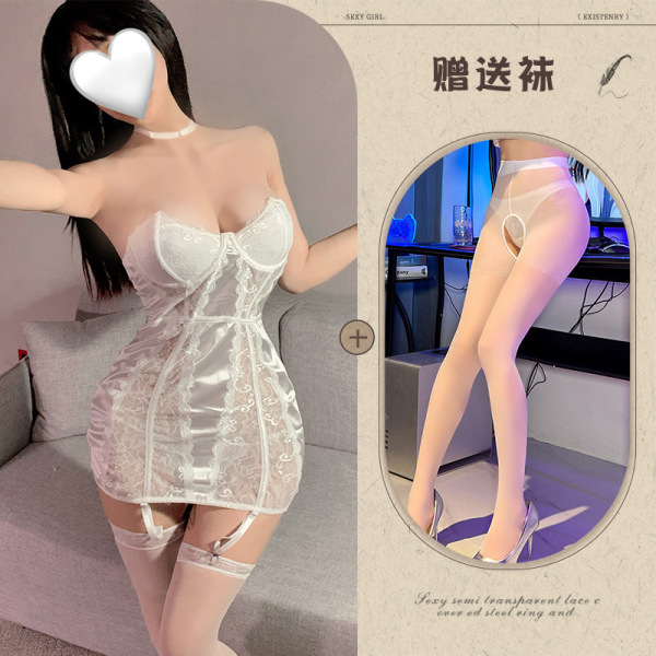 Lace Halter Bodycon Mini Dress - Luxe Satin Purple Sensual Lingerie Set - White and white open-crotch socks