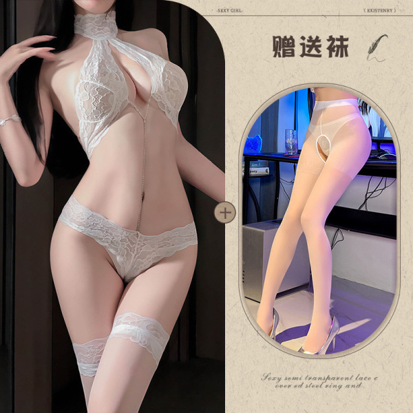 Qingran Sexy Lace Bodysuit with Detachable Rhinestones - Hook-Neck Erotic Lingerie for Women - White + white open-crotch socks