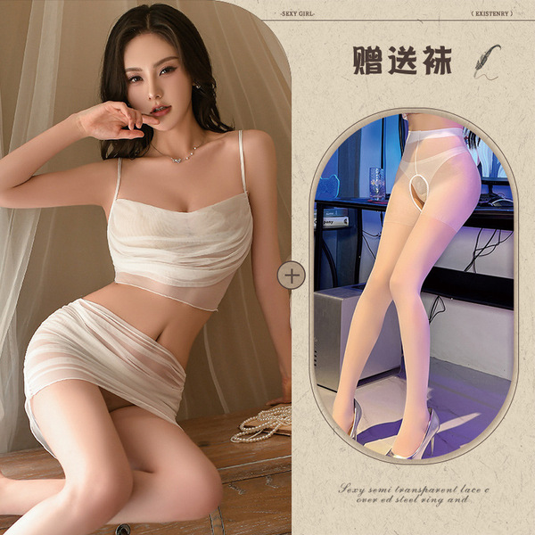 Yue Die Sexy Lace Bodysuit & Sheer Skirt Set – Provocative Uniform-Style Sleepwear Ensemble - White suit + white open-crotch socks