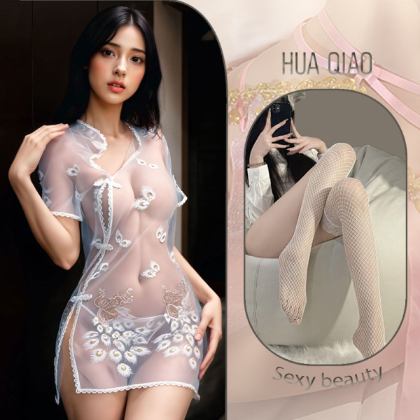Seductive Maid Costume Lingerie Set - Modest Yet Alluring Temptation Sleepwear for Women - White + white fishnet stockings