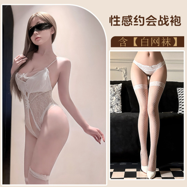 Seductive Lace Bodysuit for Women - Sheer Mesh Sensual Lingerie with Cut-Out Details, Pure Allure Collection - White + white fishnet stockings