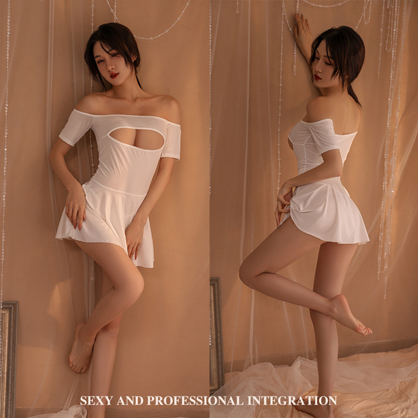 Night Fragrance Lingerie Set - Sexy Sheer Sleep Dress with Uniform Style, No-Remove Design, Pure Temptation Outfit - White + white fishnet stockings
