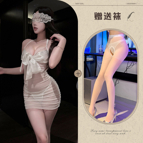 Mannyqing QQNY Sheer Lace Babydoll Nightgown with Bow - Sensual Women's Thin Mesh Sleepwear Set - White + white open-crotch socks