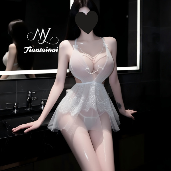 Seductive Sheer Lace Sleepwear Set - Sexy Transparent Lingerie for Women, Pure & Tempting Nightwear - White + white silk