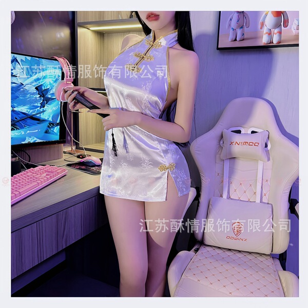 Sultry Lace Cheongsam Sleepwear Set for Women - Sexy Open-Side Backless Costume Outfit - White + white stockings