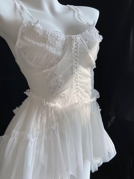 Sexy Lace Cami Nightgown for Women - Sheer Mesh Sleep Dress with Floral Trim, Pure & Alluring Lingerie Set - White + white stockings