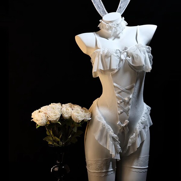 Rabbit Girl Lingerie Set - Sexy Tight-Fit Costume Sleepwear for Women, Pure Temptation Outfit - White + white stockings