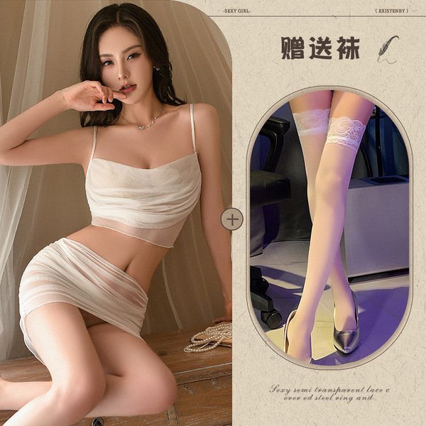 Yue Die Sexy Lace Bodysuit & Sheer Skirt Set – Provocative Uniform-Style Sleepwear Ensemble - White suit + white stockings