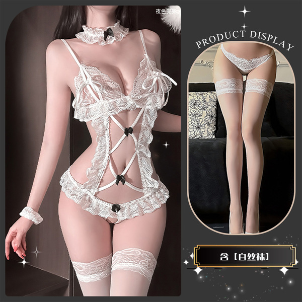 Miyu Sensual Lace Bodysuit - Open-Crotch Maid Costume for Playful Intimacy & Roleplay - White suit + white stockings