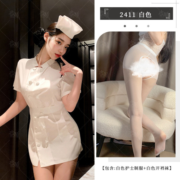 2025 Sexy Nurse Costume Set – Authentic White Nurse Uniform for Cosplay & Role Play - White suit + white open-crotch socks