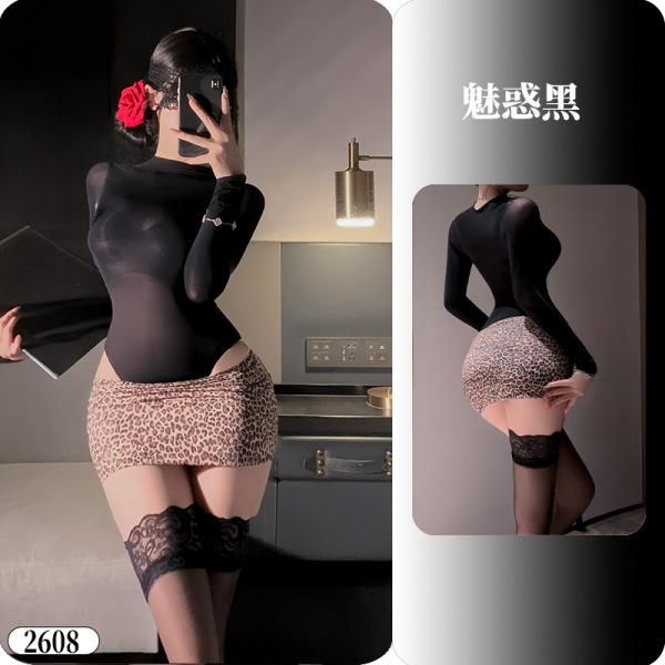 YueDie Seductive Lingerie Set - OL Style Pure & Tempting Bodycon Dress with Lace Stockings - 2608 Wild Shackles ◆ Leopard Print Temptation ◆ [Glossy Silk Top + Leopard Print Bodycon Skirt Set]