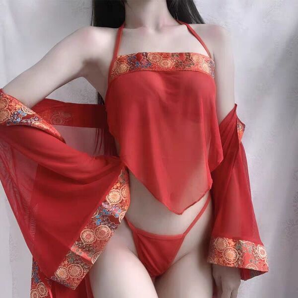 Womens lace bodice lingerie set featuring sheer red fabric with intricate patterns, perfect for vintage bridal or retro sleep...