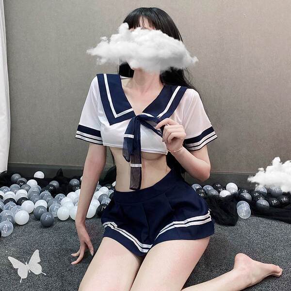 Womens seductive maid costume set featuring a sexy short skirt sailor jk student outfit with a cloud mask accessory.