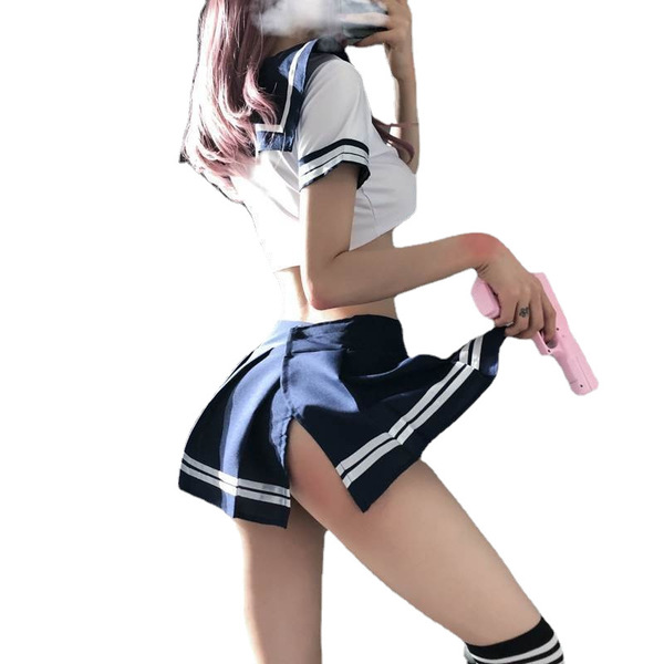Sexy maid costume set featuring a short navy skirt with white stripes, sailor top, and thigh-high stockings, perfect for them...