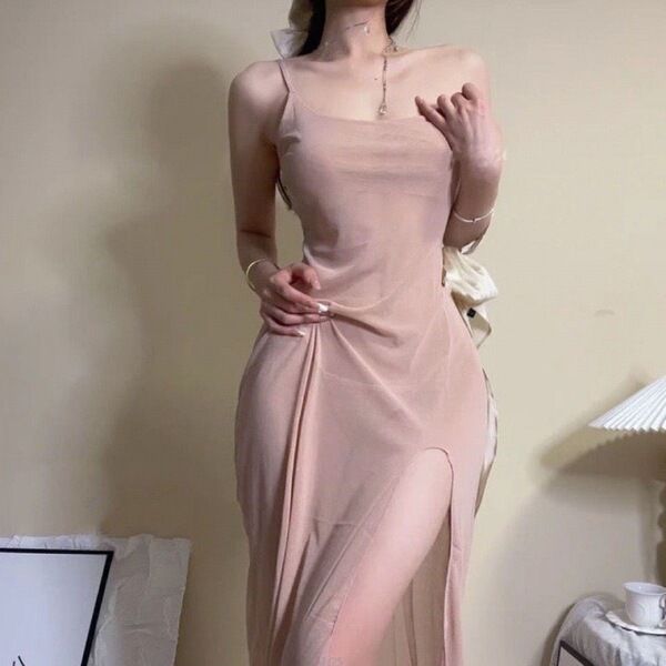 Womens sexy lace mesh nightgown - sheer seductive slip dress with side slit, comfortable & alluring sleepwear