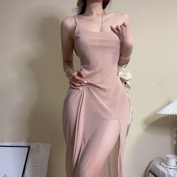 Womens sexy lace sheer nightgown - transparent mesh sleep dress with high-slit design for romantic nights