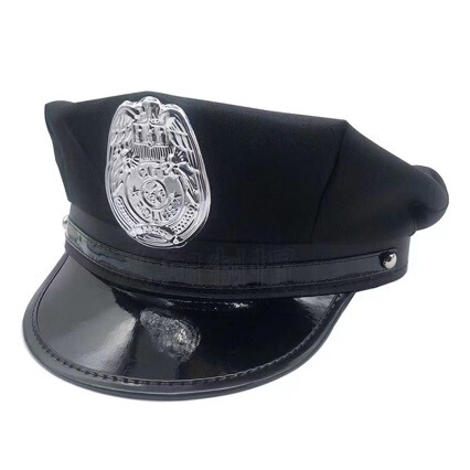 Black police-style cap with shiny badge, part of womens sexy police officer costume for role play.