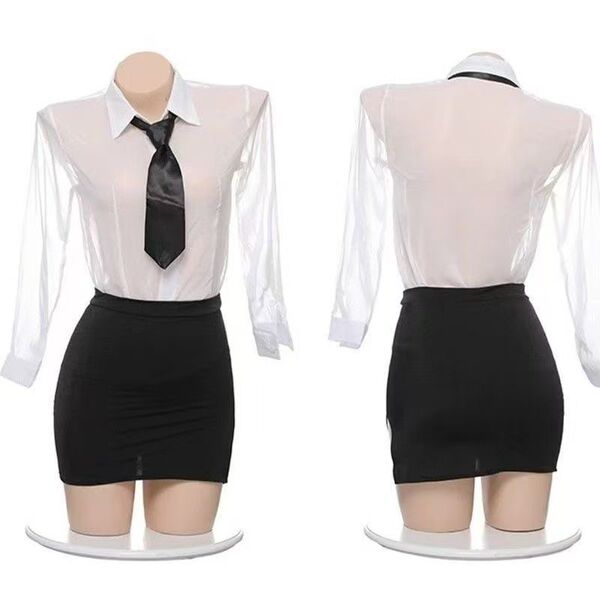 Womens sexy secretary ol uniform set featuring a tight-fit pencil skirt paired with a sheer blouse and tie, perfect for teach...