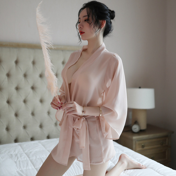 Womens sexy sheer lace sleepwear set featuring transparent satin sleep robe and matching nightgown, perfect for cozy nights.