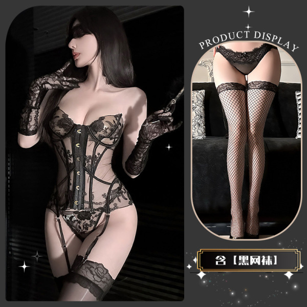 QingShe Embroidered Lingerie Set – Pure-Yet-Sensual Shapewear Bra & Thong with Adjustable Straps, Elegant Forbidden-Chic - Slim and supple body + black fishnet stockings