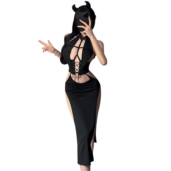 Sexy black bodysuit with lace-up design, revealing cutouts, perfect for halloween costumes or easy-on bedroom robes.