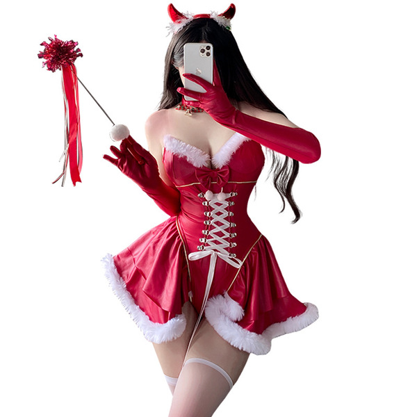 Sexy red devil-themed lingerie set with festive pom-pom wand, perfect for christmas and new year celebrations.