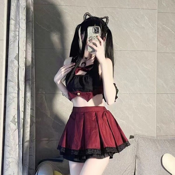 Sexy Schoolgirl JK Sleepwear Set - Cute Pure-Temptation Short Skirt Lingerie for Small Bust Enhancement - Schoolgirl outfit (top + skirt)