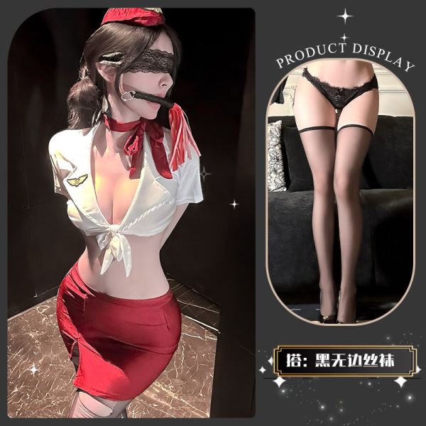 Golden Night Air Hostess Lingerie Set - Sexy Uniform Style Bodysuit with Sheer Mesh & High-Waisted Skirt - Xiaoyun Lianmian*Red + Black Boundless Stockings