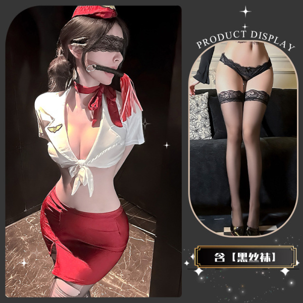 Golden Night Air Hostess Lingerie Set - Sexy Uniform Style Bodysuit with Sheer Mesh & High-Waisted Skirt - Xiaoyun Lianmian*Red + Black Stockings