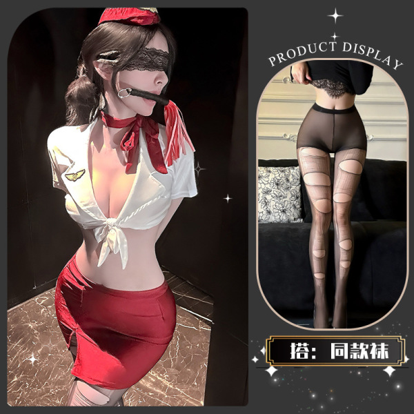 Golden Night Air Hostess Lingerie Set - Sexy Uniform Style Bodysuit with Sheer Mesh & High-Waisted Skirt - Xiaoyun Lianmian*Red + Matching Socks + Eye Mask