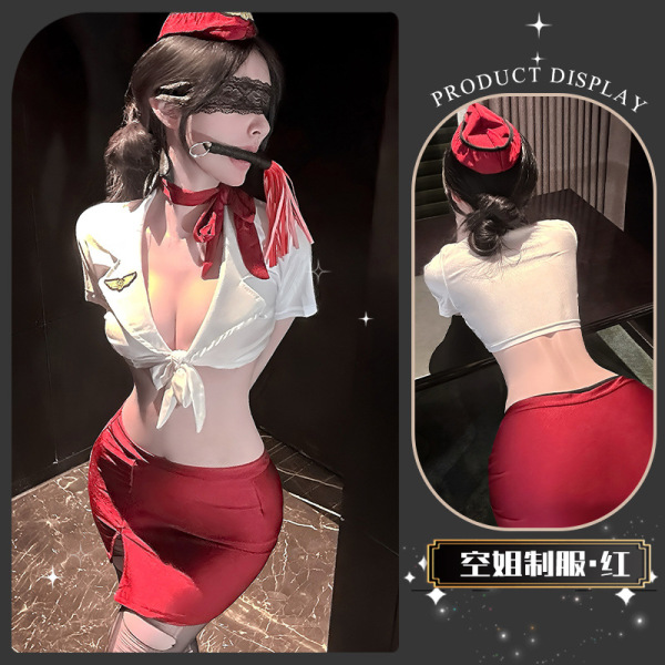 Golden Night Air Hostess Lingerie Set - Sexy Uniform Style Bodysuit with Sheer Mesh & High-Waisted Skirt - Xiaoyun Lianmian*Red [Top + Skirt + Hat + Scarf]