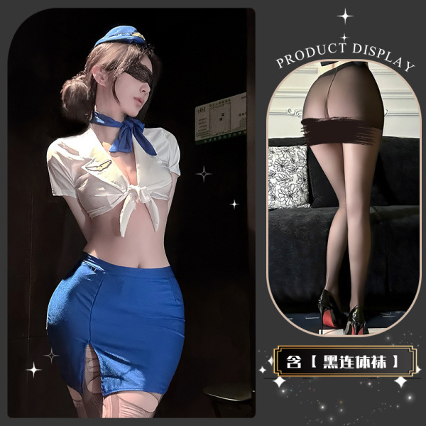 Golden Night Air Hostess Lingerie Set - Sexy Uniform Style Bodysuit with Sheer Mesh & High-Waisted Skirt - Xiaoyun Lianmian*Blue + Black Bodysuit