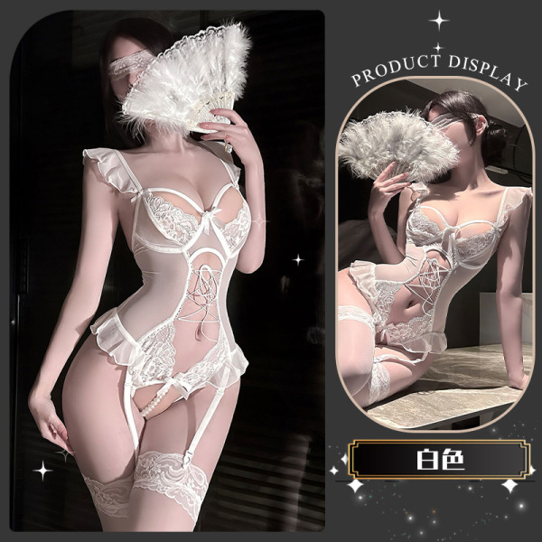 Chaomu Lace Butterfly Tie-Up Lingerie Set - Seductive Pure-Yu Style Women's Sensual Intimate Apparel - Xiaozhi Lazy [White] + Matching Socks