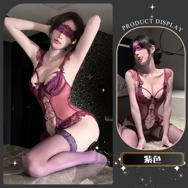 Chaomu Lace Butterfly Tie-Up Lingerie Set - Seductive Pure-Yu Style Women's Sensual Intimate Apparel - Xiaozhi Lazy [Purple] + Matching Socks
