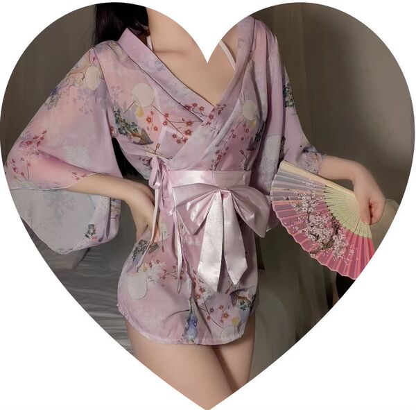 Japanese-Style Sexy Lace Kimono Robe Set - Sheer Chiffon Three-Piece Outfit with Floral Print & Hot Uniform Design - Light pink suit + white open crotch socks
