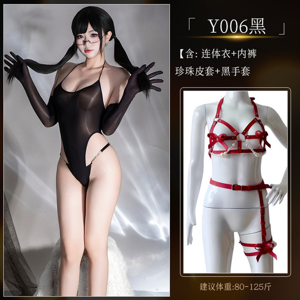 Sexy Seamless Lingerie Bodysuit – Sheer Tight Mesh Tank Top & Stocking Combo for Women, Plus Size & All-Day Comfort - Y006+ [N74 Rhinestone Underwear + 4369 Pearl Leather Strap Set + 8084 Black Gloves]