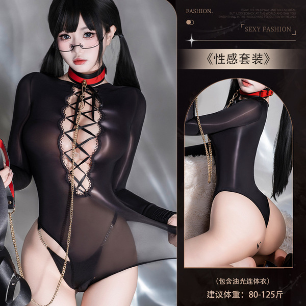 Sensual Sheer Shiny Bodysuit - Ultra-Thin High-Cut Oil-Slick Lingerie Set with Glossy Finish - Y011 Glossy Bodysuit + Rhinestone Panties