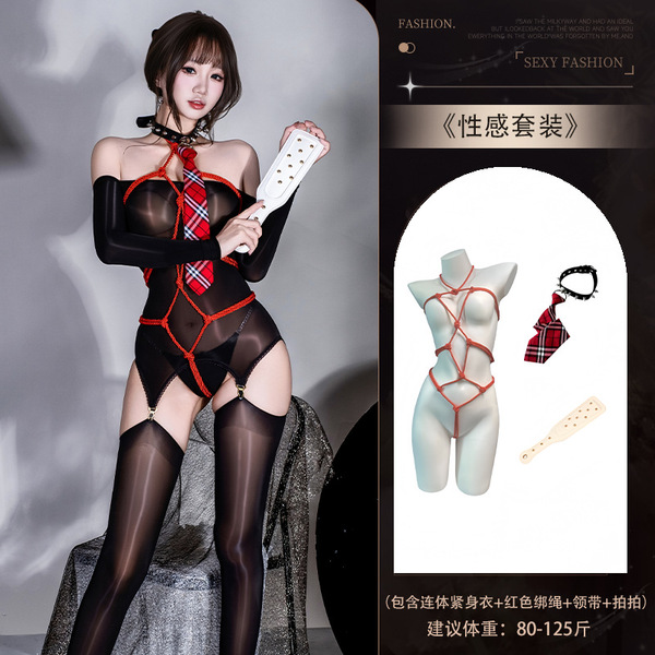 Xiyun Sexy Off-Shoulder Bodysuit with Sheer Mesh & High-Waisted Stockings Set for Women - Y013 Set + [8105 Red Ribbon + 8126 Tie Choker + Racquet]