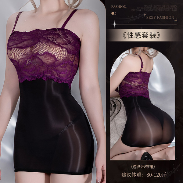 Sexy Shiny Lace Tube Top Bodycon Dress - Sheer Smooth Mirror-Finish Lingerie for Women - Y049 Set: Black + Purple Lace [Horse Oil Gloss Slip Dress]