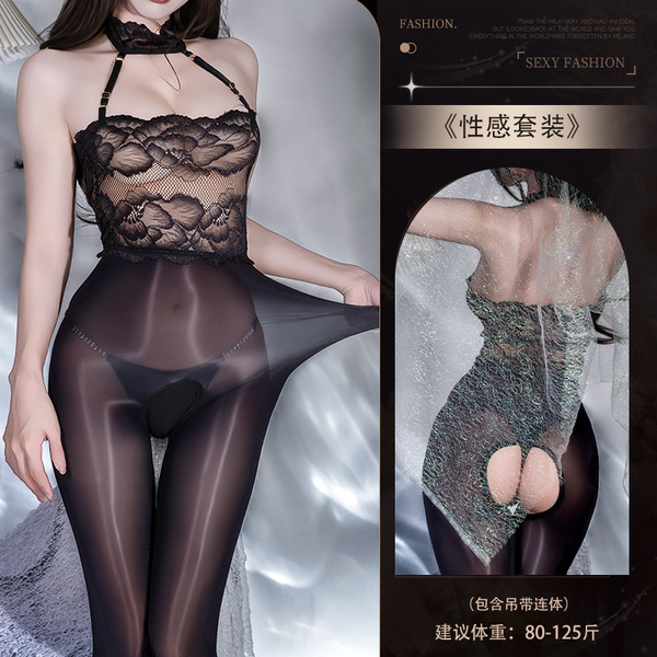Sexy Lace Bodysuit with Sheer Stockings - Plus Size Open-Crotch Erotic Pantyhose for Women - Y051 Black [Lace Black Glossy Bodysuit]