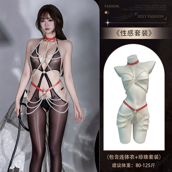 Seductive Sheer Lace Bodysuit for Women – High-Elastic Pearl-Embellished Open-Crotch Bodycon Outfit - Y055 Black [Openwork Horse-Enamel Jumpsuit + 4039 Pearl Set]