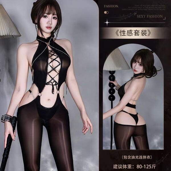 Shiny Oil-Sheen Lace Bodysuit Set with Adjustable Chain Strap & Backless Cutout Design - Y056 Black [Glossy Bodysuit]