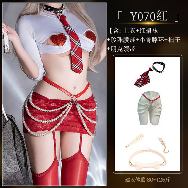 Lace Bodysuit with Sheer Stockings - Sexy Oil-Shine Uniform Set, Open-Crotch Design, Plus Size & Silky Smooth - Y070 White and Red Suit [+4039 Pearl Waist Chain + White Bone Necklace + Racquet + Punk Tie]