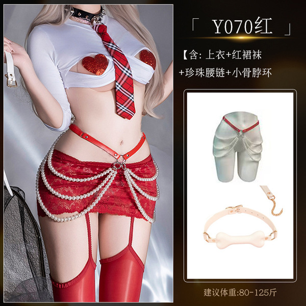 Lace Bodysuit with Sheer Stockings - Sexy Oil-Shine Uniform Set, Open-Crotch Design, Plus Size & Silky Smooth - Y070 White and Red Set [+4039 Pearl Waist Chain + 8115 White Bone Necklace]